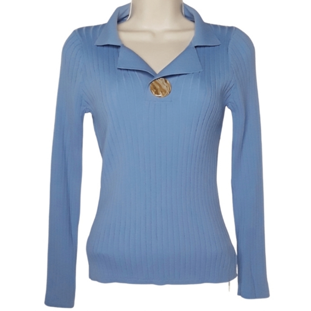 MASKED QUEEN Blue Ribbed Long Sleeve Marbelized Button Stretchy Small Top S NWT